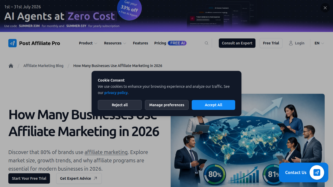 A webpage screenshot illustrating statistics on the prevalence of affiliate marketing among brands globally.