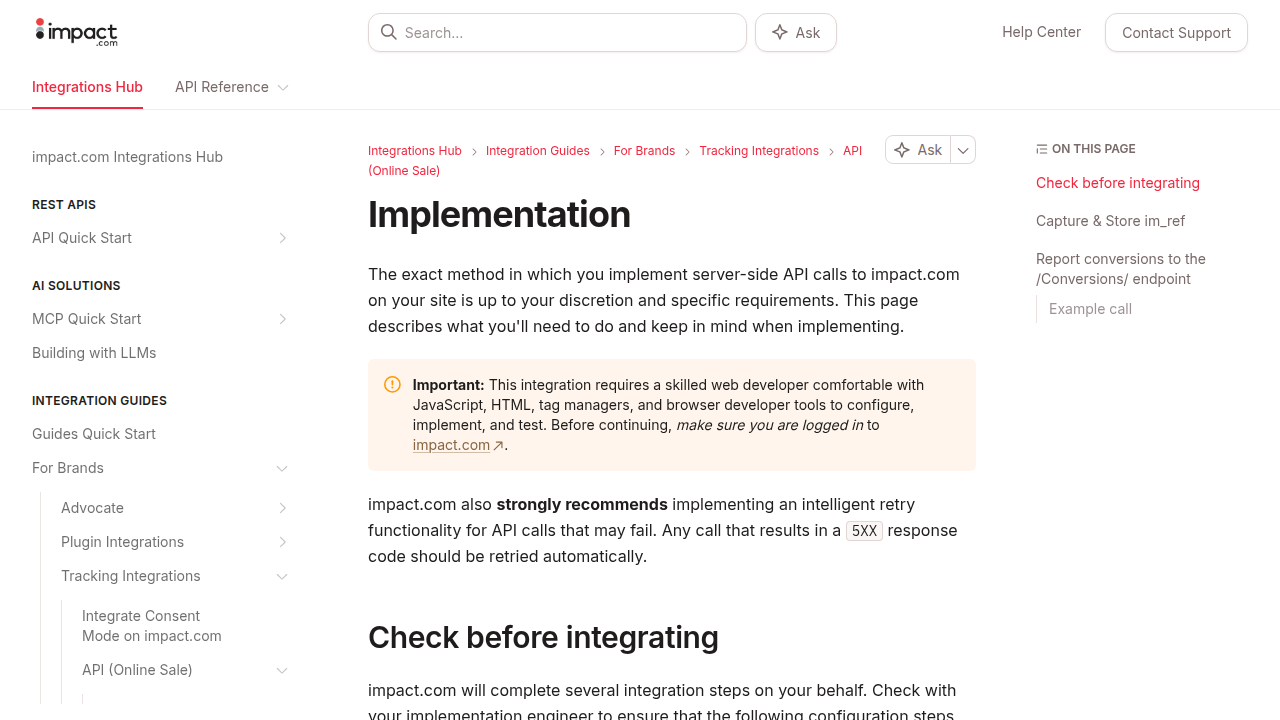 Screenshot of Impact.com's documentation portal for integrating with their APIs to automate workflows.