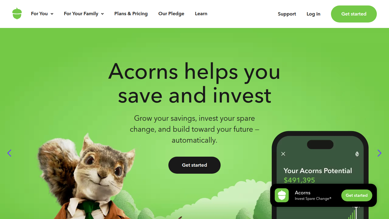 The official Acorns website, showcasing its user-friendly interface for micro-investing.