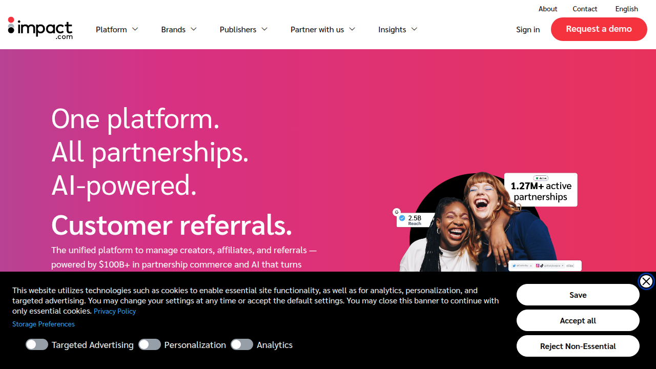 The homepage of Impact.com, a major affiliate marketing platform often used by programs like Acorns.