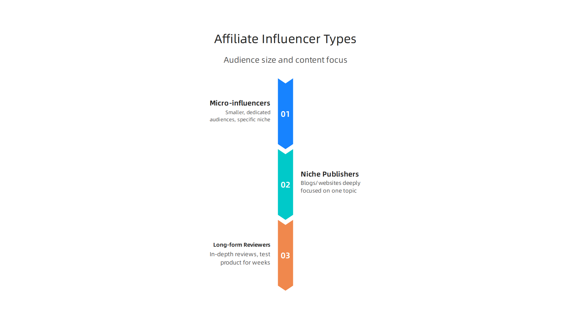 Exploring the different categories of affiliate influencers based on audience size and content focus.