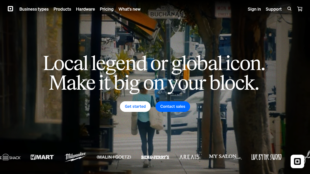 Square's official website showcasing its various business tools and payment solutions for small businesses.
