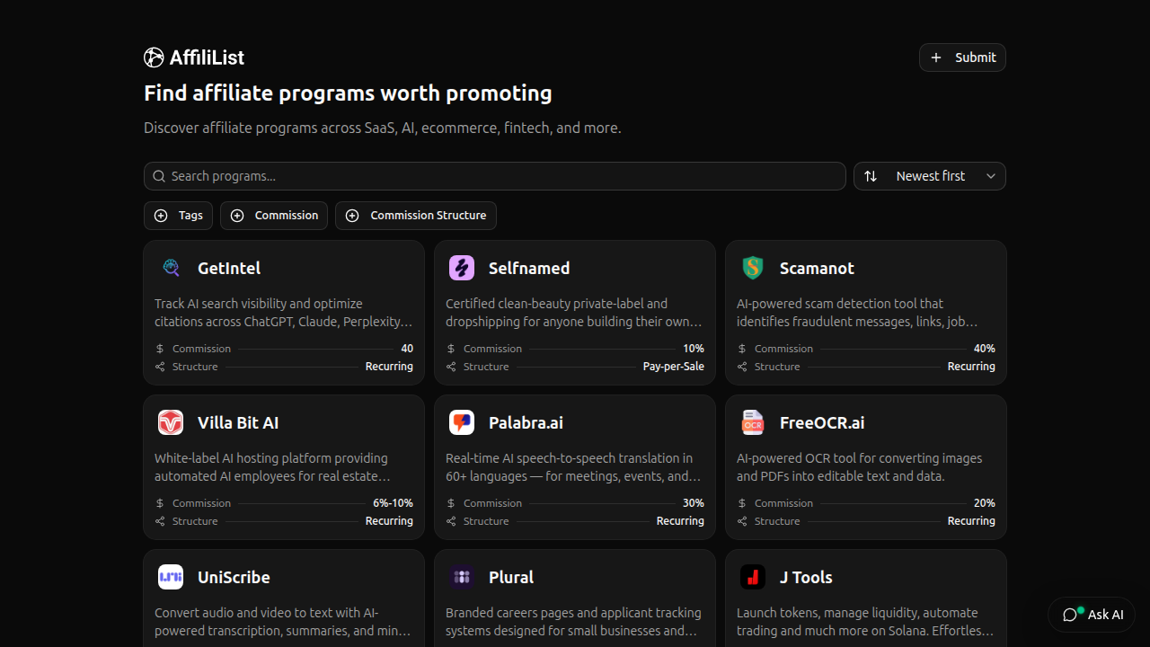 The homepage of Affililist, a platform reviewing and listing affiliate marketing programs.