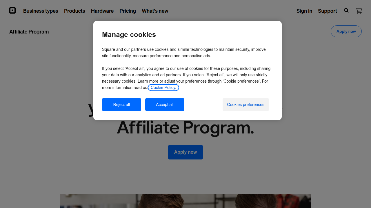 The official affiliate program page on Square's website, detailing benefits and how to join.