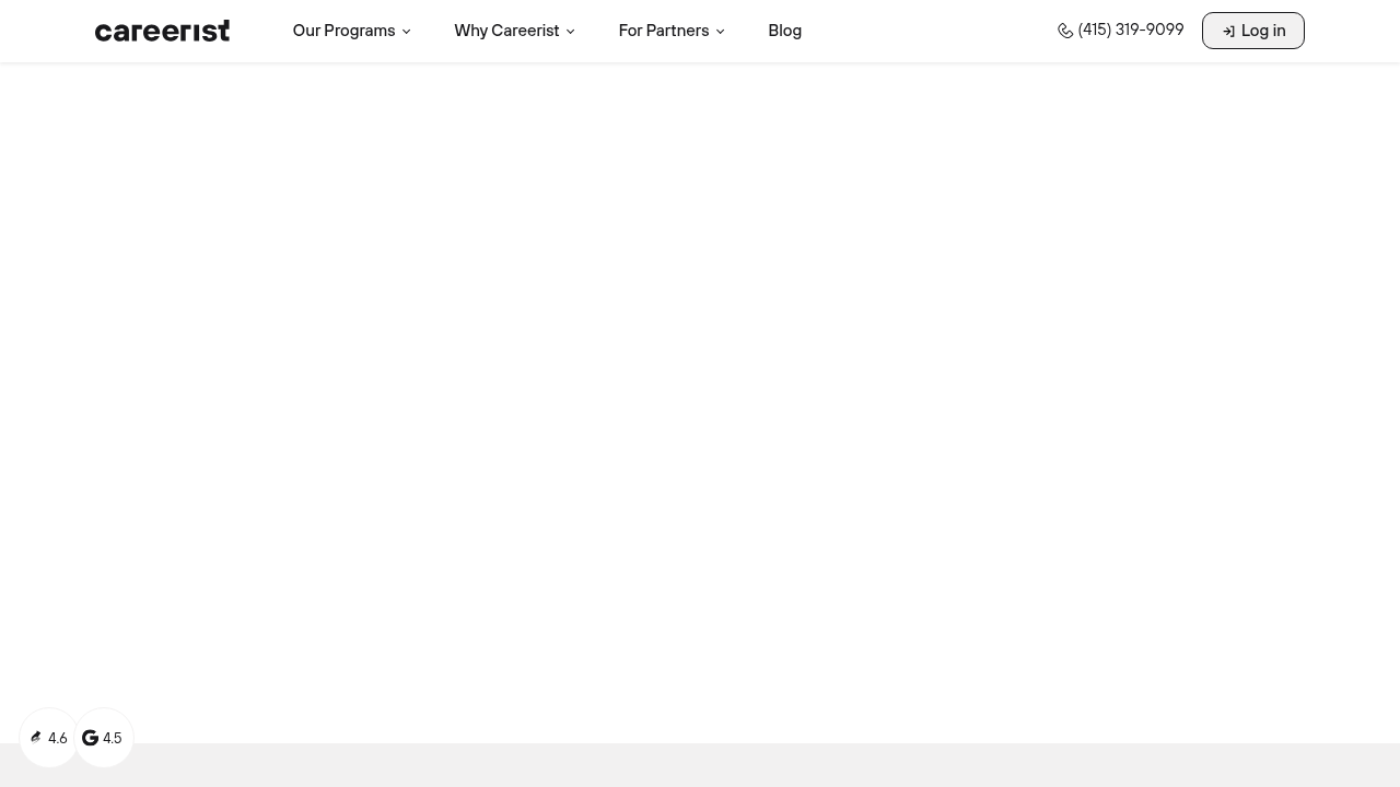 The homepage of Careerist, promoting tech training with career coaching for skill development and business growth.