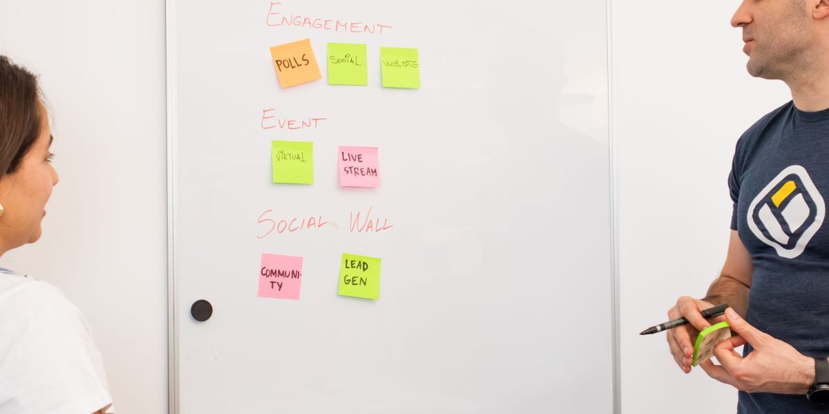 A team actively brainstorming and planning content ideas on a whiteboard, aiming for high-converting strategies.