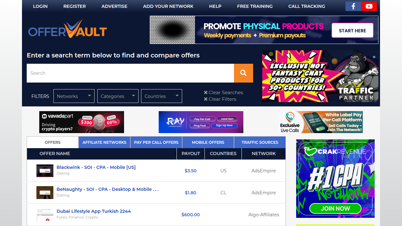 An example of a platform like OfferVault where affiliates can discover available programs.