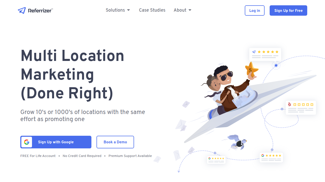 A look at the Referrizer platform's official homepage, highlighting its value proposition for local businesses.