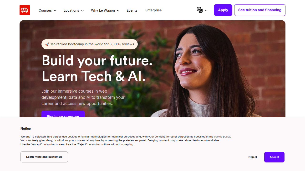 The Le Wagon homepage, offering software and data bootcamps to develop relevant tech skills.