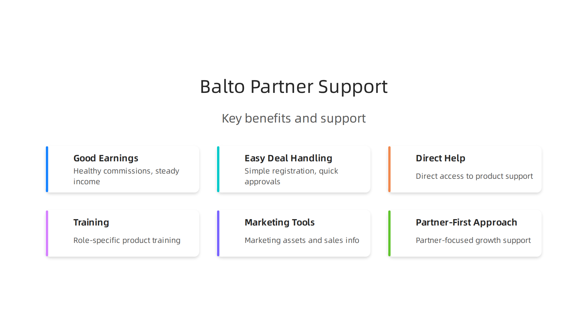 Key benefits and support provided to affiliates joining the Balto software program.